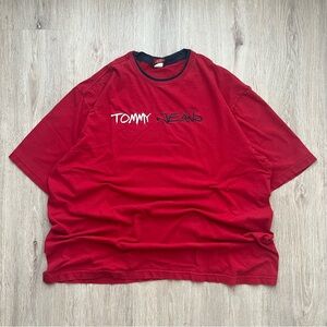 Tommy Jeans USA Made Tee Mens L Red Embroidered Spell Out Graphic Tee Vintage